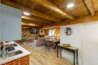 a kitchen and living room with wooden ceilings at Casa pepe in Nogueira de Ramuin