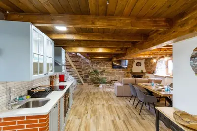 an open kitchen and living room with wooden ceilings at Casa pepe in Nogueira de Ramuin