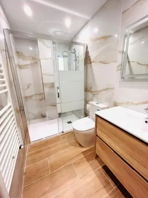 a bathroom with a shower and a toilet and a sink at Apartamento San José in Milladoiro
