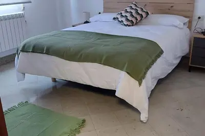 a bedroom with a large bed with a green blanket at casa ribeiro in Ribadavia