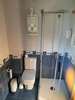 a small bathroom with a toilet and a shower at Casa do Aloumiño in Portomarin
