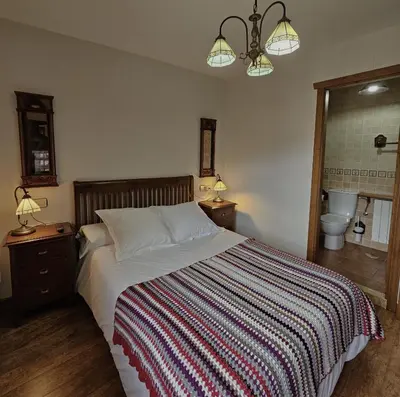 a bedroom with a bed and a bathroom with a toilet at Habitaciones - La Pumarada de Limés I in Cangas del Narcea