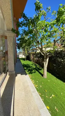 a view of a patio from a sliding glass door at DESPERTAR CON EL SONIDO DE LOS PÁJAROS in Melide