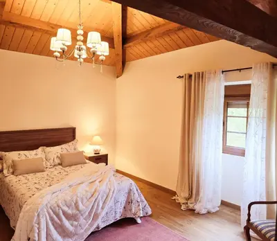 a bedroom with a bed and a chandelier at PORTA ESPERANZA in Cospeito