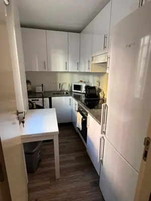 a kitchen with white cabinets and a white refrigerator at La Puerta del Valle in Villafranca del Bierzo