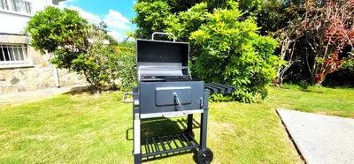 a barbecue grill on a cart in a yard at Villagalicia360 in Bergondo