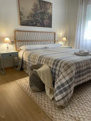 a bedroom with a bed with a checkered blanket at A Casa de Buxacos in Arzúa