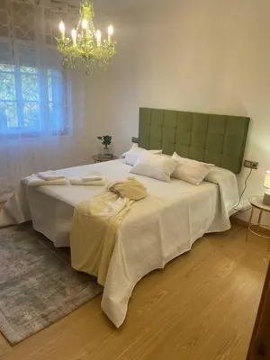 a bedroom with a large bed with a green headboard at A Casa de Buxacos in Arzúa