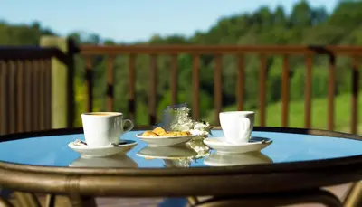a table with two cups and a bowl of food on it at Hotel Balneario Río Pambre in Palas de Rei