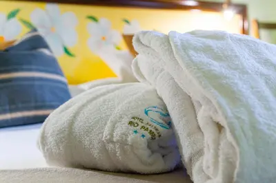 a white towel sitting on top of a bed at Hotel Balneario Río Pambre in Palas de Rei
