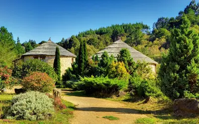two huts in the middle of a garden with trees at Hotel Balneario Río Pambre in Palas de Rei