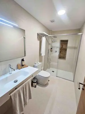 a bathroom with a sink and a toilet and a shower at A Quinta de Cea - Apartamentos in Cea