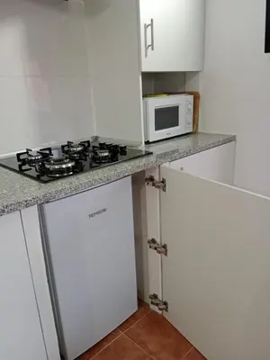 a kitchen with a stove and a microwave on a counter at Casa turística Lirio in Chandreja
