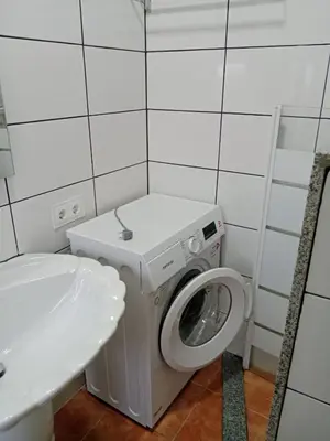 a bathroom with a washing machine and a toilet at Casa turística Lirio in Chandreja