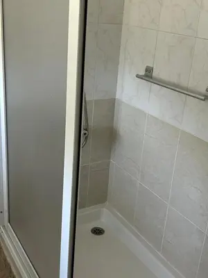 a shower with a glass door in a bathroom at PENSIÓN* AS VIÑAS in Puebla del Brollón