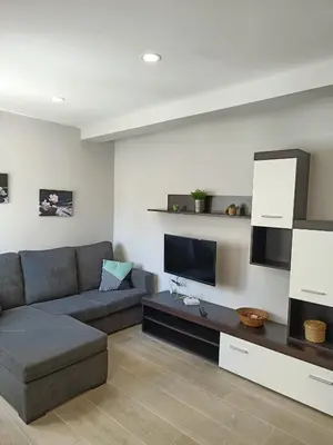 a living room with a couch and a flat screen tv at TERRA DE AUGAS II in Caldas de Reis