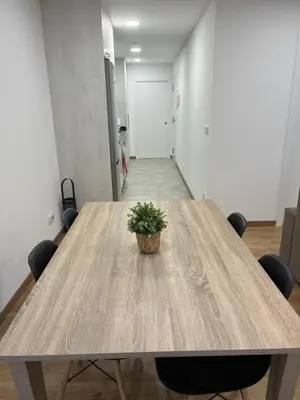 a wooden table with a potted plant on top of it at Apartamento con Encanto in Santiago de Compostela