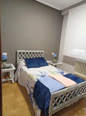 a bedroom with a large bed with blue pillows at Vivienda Arias in Carballino