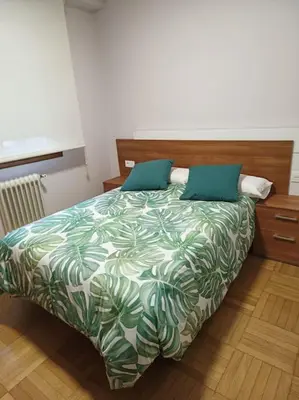 a bedroom with a bed with a green comforter at Vivienda Arias in Carballino