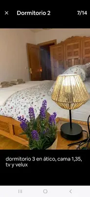 a lamp on a table next to a bed with purple flowers at Duplex Casa Camino in Ponferrada