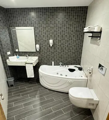 a bathroom with a tub and a toilet and a sink at Cortiñas in Villalba