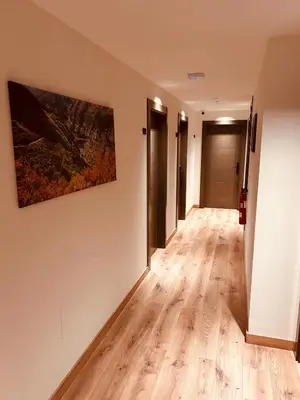 a hallway with wooden floors and a painting on the wall at A Reigada Hotel Restaurante in Grandas de Salime