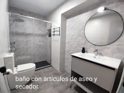 a bathroom with a toilet and a sink and a mirror at O Paseo, 5 estrellas. in Puentedeume