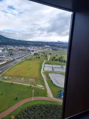 an aerial view of a park with a city at El mirador del Rosal in Ponferrada