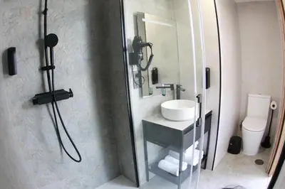 a bathroom with a shower with a sink and a toilet at Tierra de Lemos- Apartamentos Turísticos in Monforte de Lemos