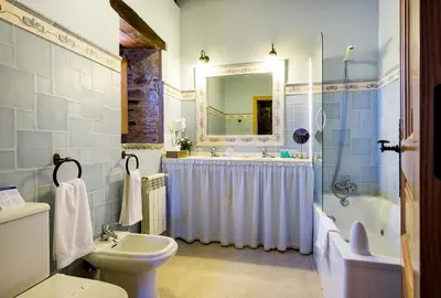 a bathroom with a tub and a sink and a toilet at Pazo Santa María in Arzúa