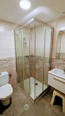 a bathroom with a shower and a toilet and a sink at Restaurante y Hostal San Paio in Santiago de Compostela