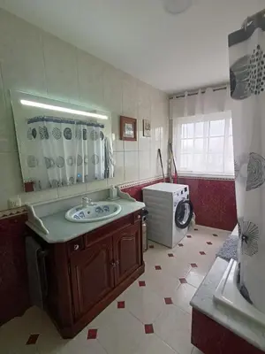 a bathroom with a sink and a washing machine at Cesuresrooms2 in Puentecesures