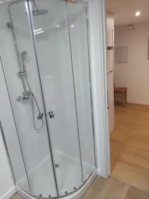 a shower with a glass door in a bathroom at Sita in A Estrada