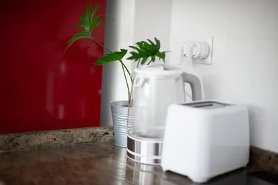 a kitchen counter with a blender and a plant at Bahía de Miño in Miño