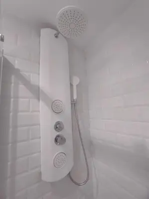 a shower in a white bathroom with a shower at Lepanto2 - En el centro gastronómico y junto a la catedral in Ourense