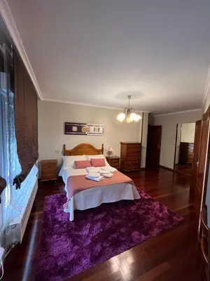 a bedroom with a bed and a purple rug at O Carballal in A Pontenova