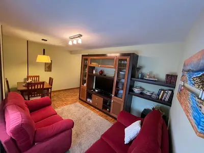 a living room with two red couches and a television at Tres Ruas in A Pontenova