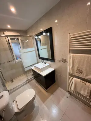 a bathroom with a toilet and a sink and a mirror at Tres Ruas in A Pontenova
