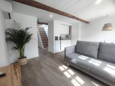a living room with a couch and a potted plant at Lepanto 4 - Precioso y súper luminoso dúplex con vistas in Ourense
