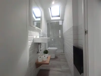 a bathroom with a sink and a toilet and windows at Lepanto 4 - Precioso y súper luminoso dúplex con vistas in Ourense