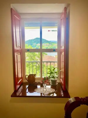 a window with a table with a plant in front of it at Forxa, Ventosela in Ventosela