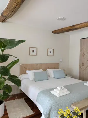 a bedroom with a bed with white sheets and blue pillows at La Mimosa in Puentedeume