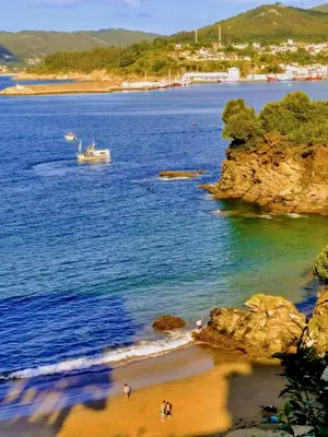 a boat is in the water on a beach at The Cliffs - ViveMare in Viveiro