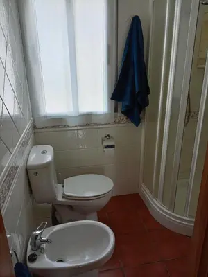 a bathroom with a toilet and a sink and a window at Casa Alise in Ribadeo