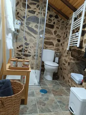 a stone bathroom with a toilet and a shower at A Casiña de Arretén in Padrón