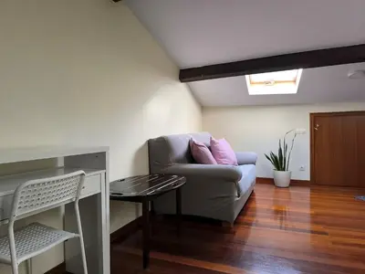 a living room with a couch and a table at A 100 metros Catedral, 3º -Galería -Duplex in Santiago de Compostela