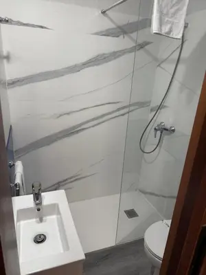 a bathroom with a shower and a sink and a toilet at Hotel Real in Santiago de Compostela