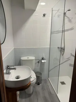 a bathroom with a shower and a toilet and a sink at Hotel Real in Santiago de Compostela