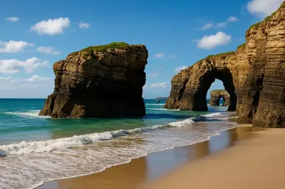 an arch in the rocks on the beach at Apartamento Piñeirua in Ribadeo