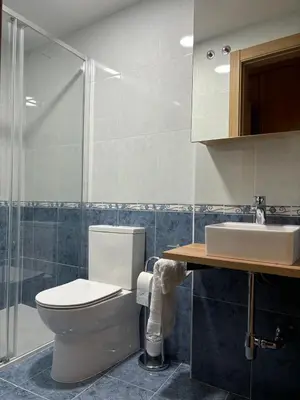 a bathroom with a toilet and a sink and a shower at Alesamar A in Burela de Cabo